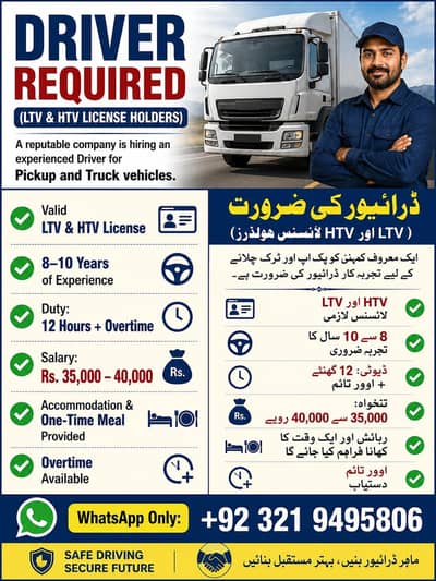 Driver Required (LTV & HTV License Holders) | Male Jobs in Lahore