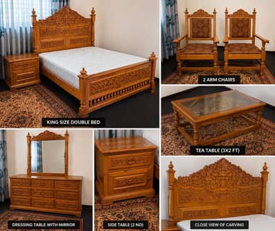 original Deudar wood king size bedroom set /luxury hand carved Furnitu