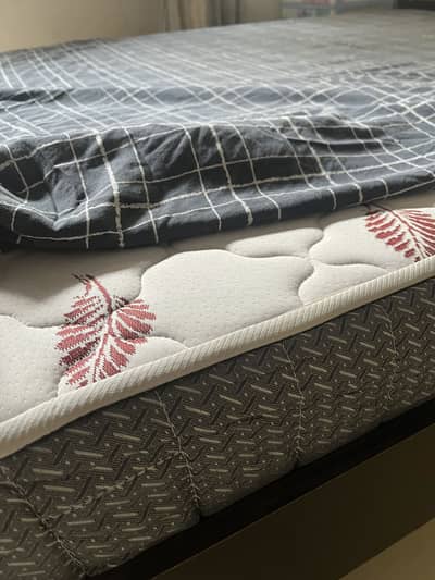 Queen bed with mattress and 1 side table