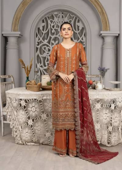  Elegant Orange Embroidered 3 Piece Suit with Net Dupatta – Excellent