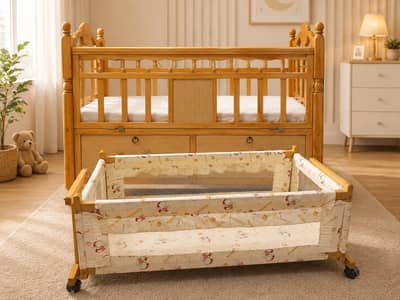 Wooden Baby Cot with Cradle, Wheels & Storage Drawers – Good Condition