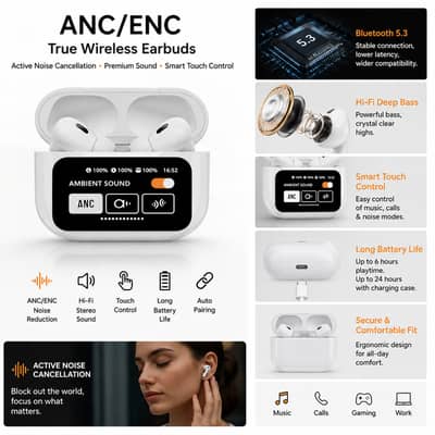 Bluetooth 5.3 True Wireless Earbuds with Smart Touch Control