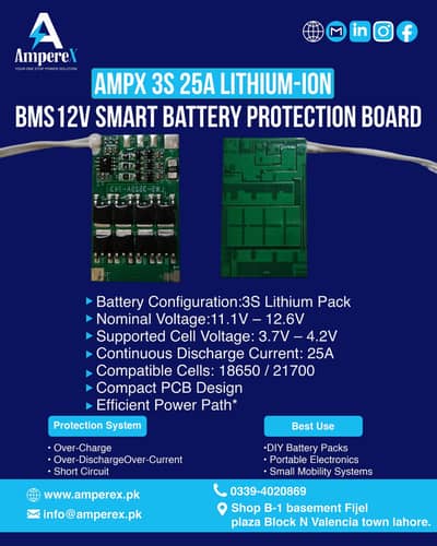 AMPX 3S 25A LITHIUM-ION BMS 12V SMART BATTERY PROTECTION BOARD