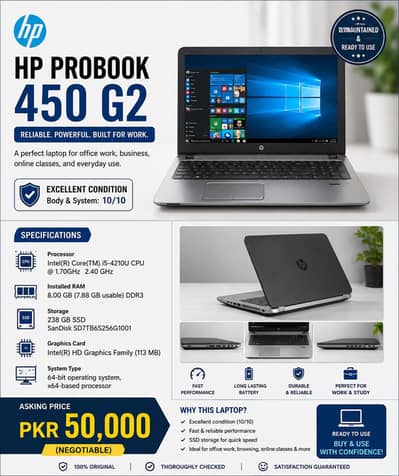 Upgraded HP Probook 450 G2 i5 SSD 8GB 256 Graphic card installed