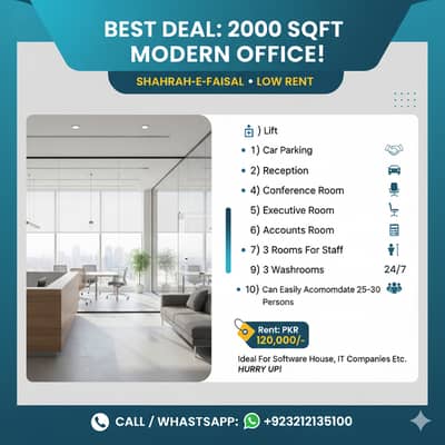 Best Deal : 2000 Sqft Huge & Spacious Office With Lift & Car Parking On Main Road Location Of Shahrah e Faisal At Low Rent.