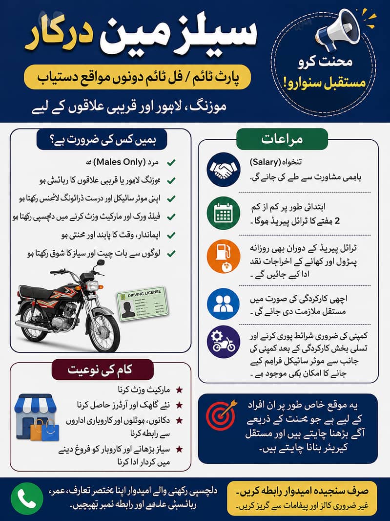 فل ٹائیم یا پارٹ ٹائیم سیل مین درکار ہے 0