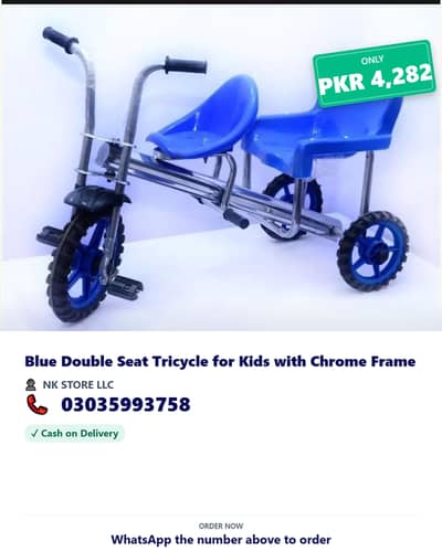 Blue Double Seat Tricycle for Kids with Chrome Frame