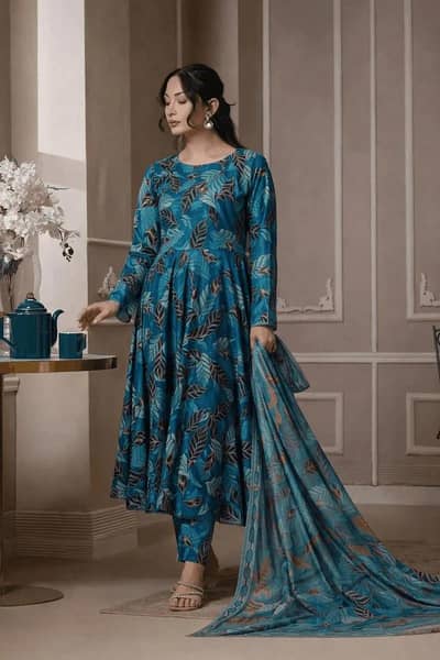 Blue Digital Print Lawn 3Pcs Anarkali Set
