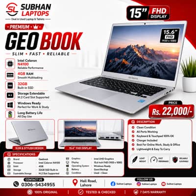 GeoBook Laptop | Intel Celeron N4100 | RAM 4GB | SSD 32GB Built-in |