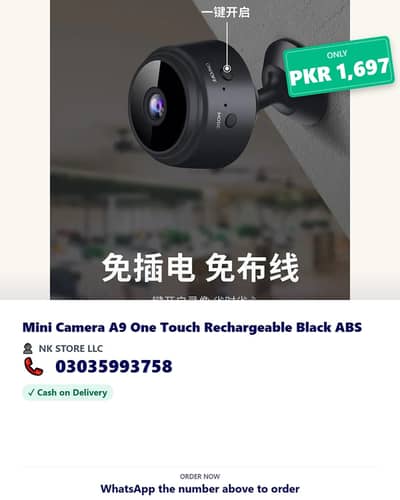 Mini Camera A9 One Touch Rechargeable Black ABS