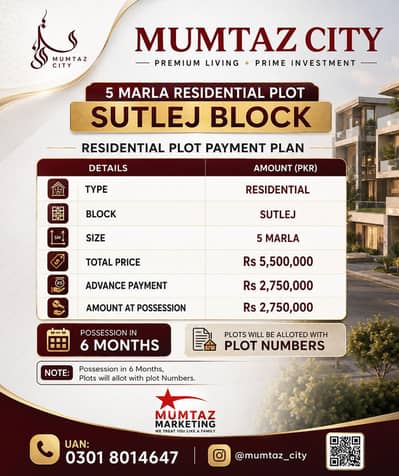 5 Marla Plot for Sale – Sutlej Block, Mumtaz City Islamabad