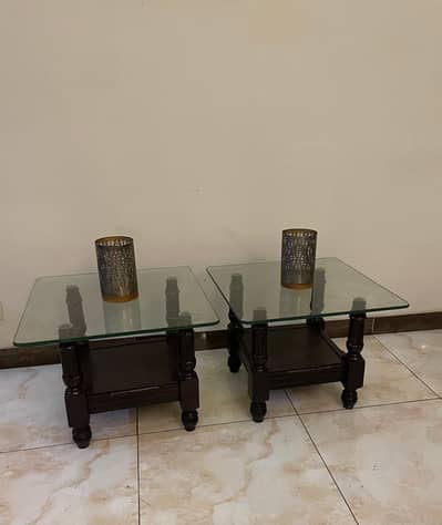Glass Top Wooden Side Tables Pair