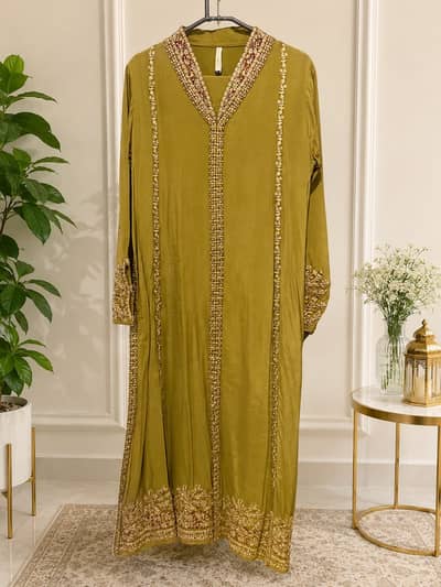 Elegant olive green embroidered dress
