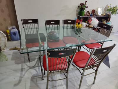 Glass Dining Table w/ Six Chair - Iron Stand