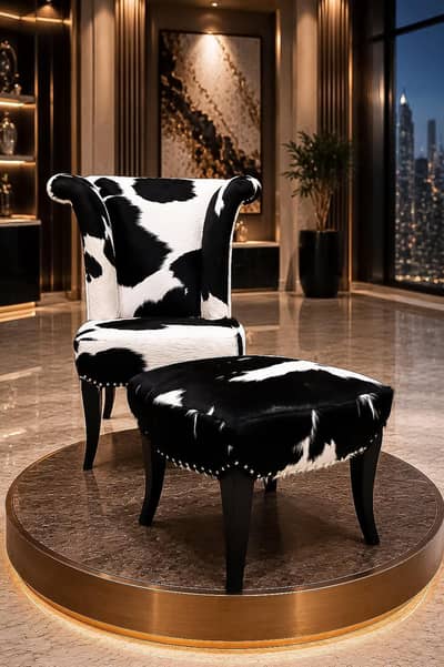 Luxury Cow Hide Wingback Chair + Ottoman