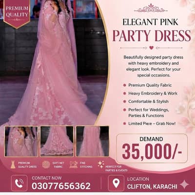 Elegant Pink Party Dress | Heavy Embroidery Maxi