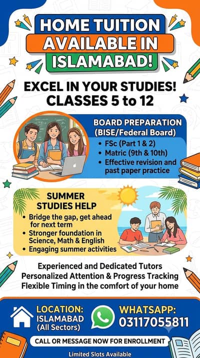 Home tutor Islamabad- Federal board/ Matric/ intermediate class (5-12)
