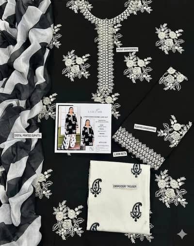 3 PCs women unstitched Embroidered suit