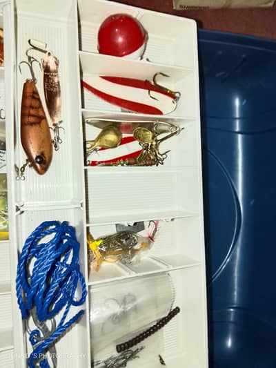 all fishing tools in the box . . . . and 2 fishing reels .
