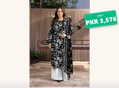 Black Floral Kurta Set with Grey Pants & Scarf