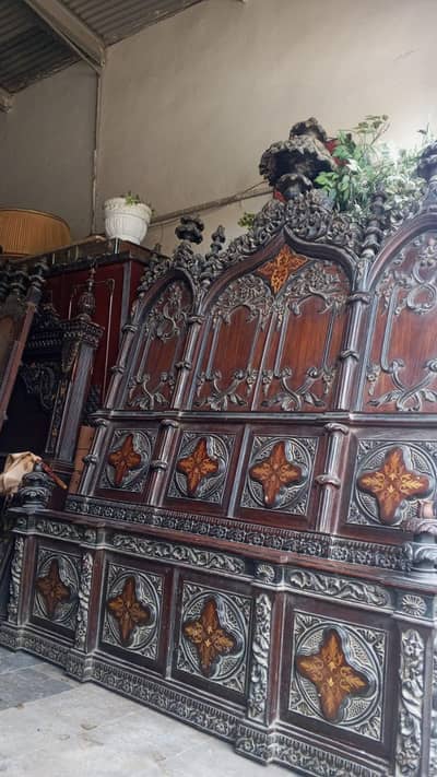 antique 8 feet bed dressing side table inlay wooden sheesham set