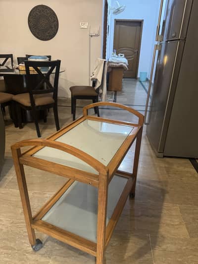 Wooden Tea Trolley, 2-Tier Glass, On Wheels - Light Oak