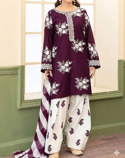 3-pcs woman unstitched Embroidered Suit