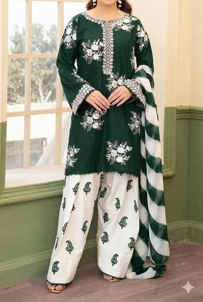 3-pcs woman unstitched Embroidered Suit