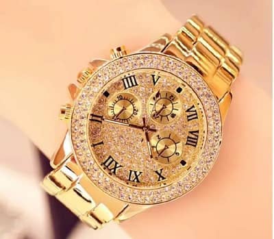 Gold Diamond Chrono Watch Luxury Roman Dial Steel Strap Gift