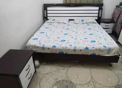 "Double Bed Set with 2 Side Tables | Dark Brown & White"