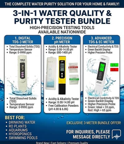 Water Purity Testing Meters Complete Set (pH, TDS, EC Meters)