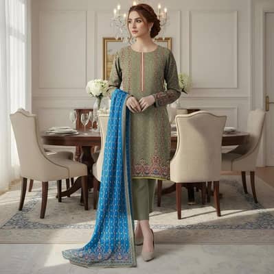 Grey printed Dobby Lawn 3-pcs Shirt Dupatta Trouser set