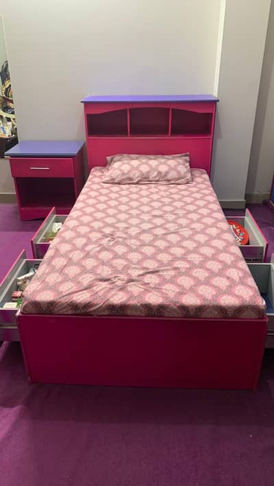 USED Single Bed with Side Table | Good Condition | Storage Drawers