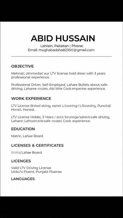 aslamualikum main Abid Hun. LTV License,3saal experience family driver