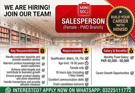 Female Staff Required  at Miniso pwd