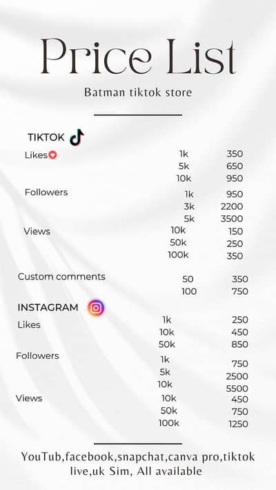 Tiktok insta youtube facebook all platforms likes followers available