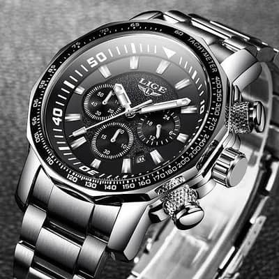 LIGE Chronograph Stainless Steel Watch With Box