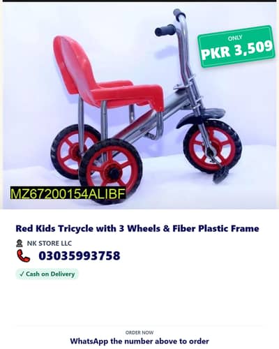 Red Kids Tricycle with 3 Wheels & Fiber Plastic Frame