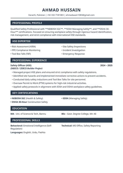 Experienced Safety Officer Seeking Job Opportunities
