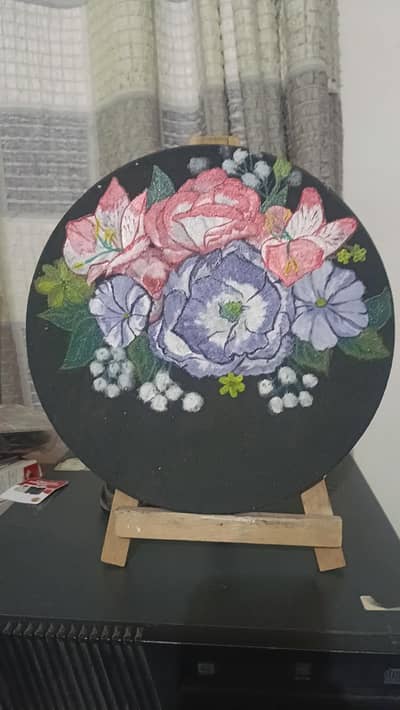 Beautiful Handmade Floral Painting (10x10 Circle) with Wooden Stand