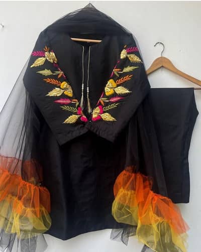 Women Cotton Silk 3pcs suit set Embroidered  Black