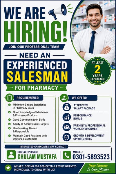Need a experienced sale's man for pharmacy