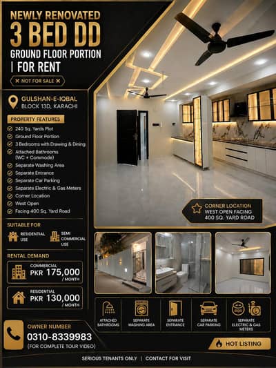 Newly Renovated | 240 GAZ | Ground floor Portion | Corner | West Open