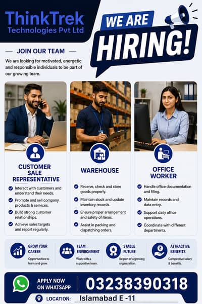 Customer services, Warehouse, Office Help staff