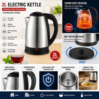 Electric Kettle 2 Litre Stainless Steel - Fast Boiling