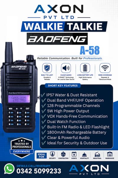 Baofeng A58 Walkie Talkie Waterproof, Dustproof long Range walkies 1pc