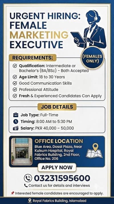 URGENT HIRING: Female Marketing Executive