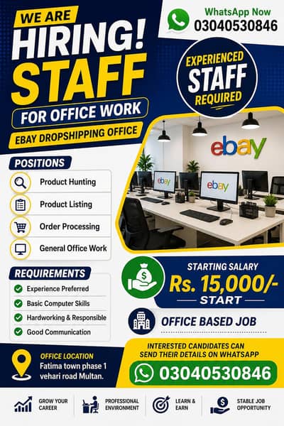 office staff required - eBay dropshipping job | Experience| Multan