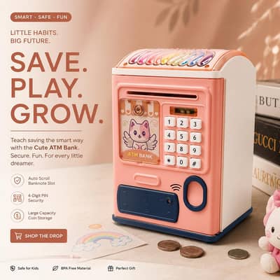 Kids ATM Toy Saving Money Blue Pink ABS Plastic