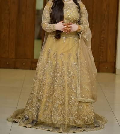 Luxury Golden Bridal Lehenga | Heavy Embroidery Wedding Dress | Barat